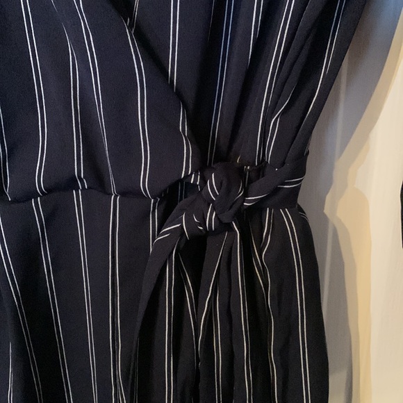 Navy Blue Pin Striped Wide Legged Jumpsuit with Belt - Picture 3 of 10